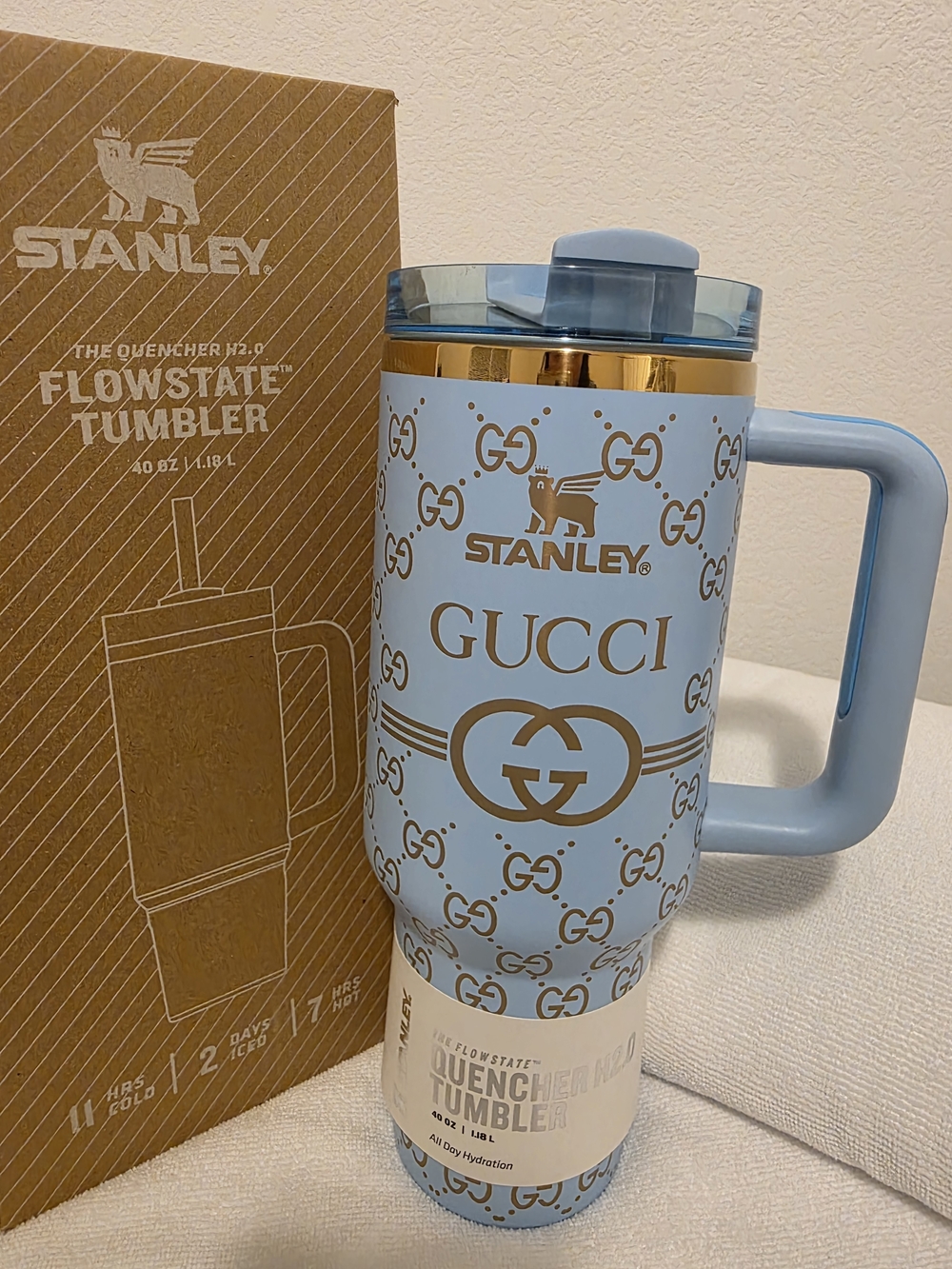 Stanley Light Blue W/ Gold Engraved Logo FlowState Quencher Tumbler 40 Oz